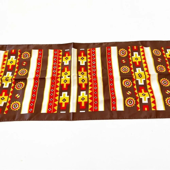 Vintage Rectangle Scarf Made‎ in Japan Brown Orange Yellow 70s Aztec Headscarf - Picture 3 of 8
